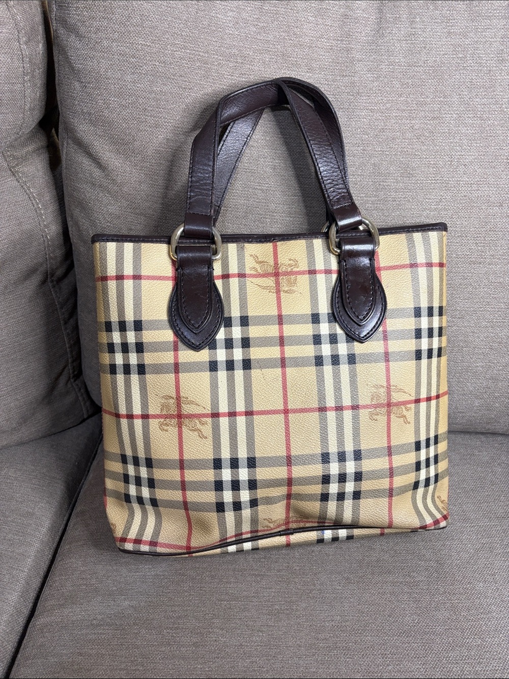 Burberry Vintage Small Haymarket Check Tote Brown Leather Trim with COA - Picture 3 of 15